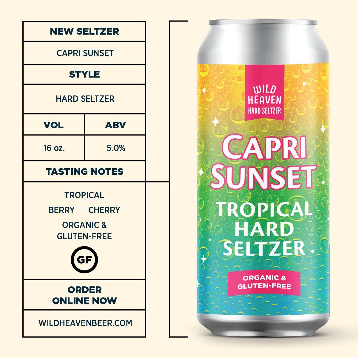 Capri Sunset Hard Seltzer 16oz 4-pack (5% ABV)  Wild Heaven Beer Online  Beer Store (Avondale Location) - Come Inside or Call 404.997.8589 Upon  Arrival for Curbside Pickup